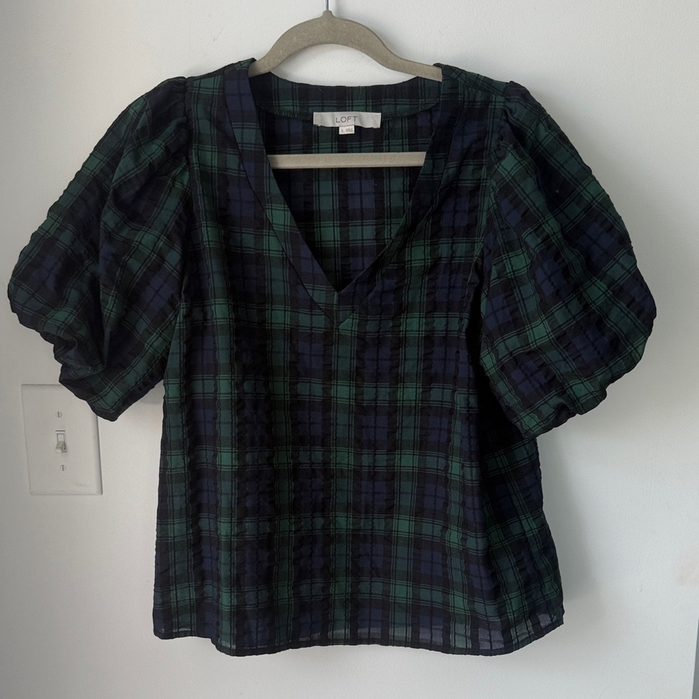 LOFT Green and Black Checkered Blouse